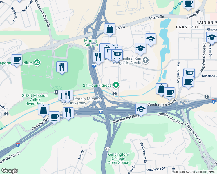 map of restaurants, bars, coffee shops, grocery stores, and more near 5809-5837 Rancho Mission Road in San Diego