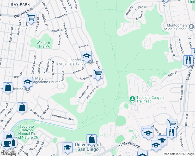map of restaurants, bars, coffee shops, grocery stores, and more near 2126 Deerpark Drive in San Diego