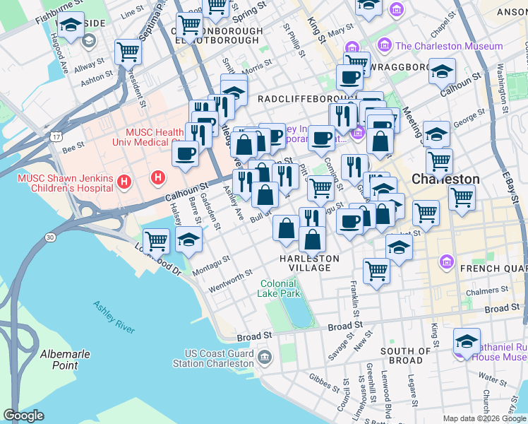 map of restaurants, bars, coffee shops, grocery stores, and more near 97 Rutledge Avenue in Charleston