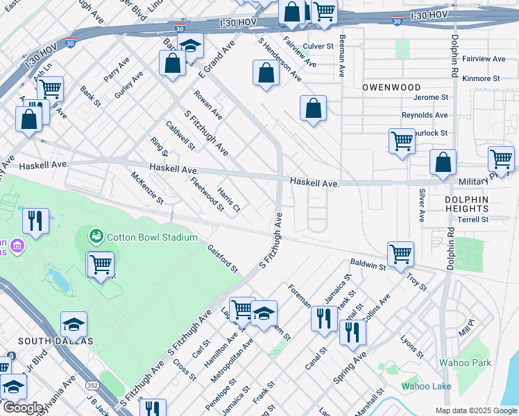 map of restaurants, bars, coffee shops, grocery stores, and more near 1612 Harris Court in Dallas