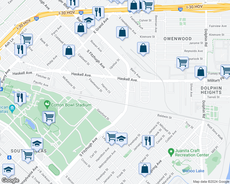 map of restaurants, bars, coffee shops, grocery stores, and more near 1612 Harris Court in Dallas