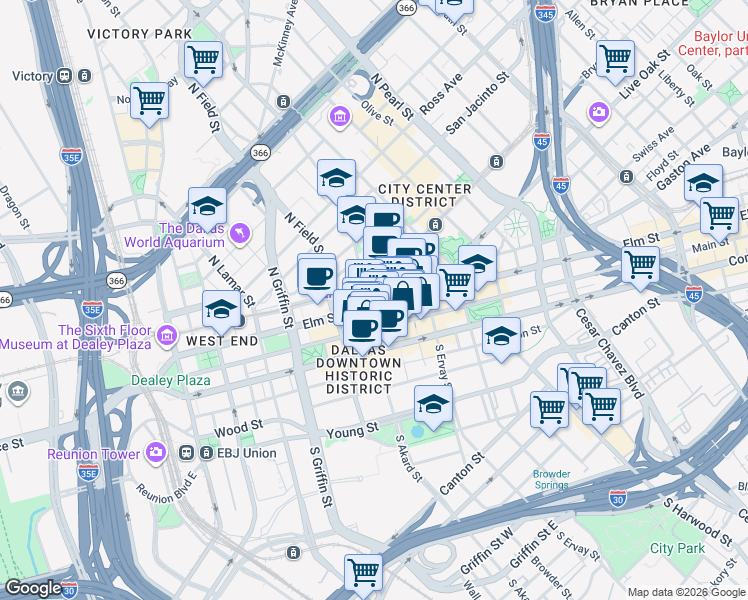 map of restaurants, bars, coffee shops, grocery stores, and more near in Dallas