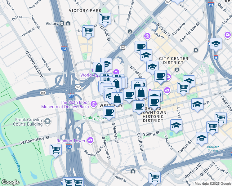 map of restaurants, bars, coffee shops, grocery stores, and more near 900 Pacific Avenue in Dallas