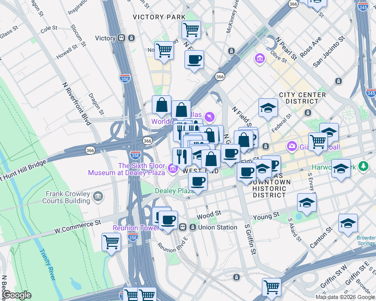 map of restaurants, bars, coffee shops, grocery stores, and more near 311 North Market Street in Dallas