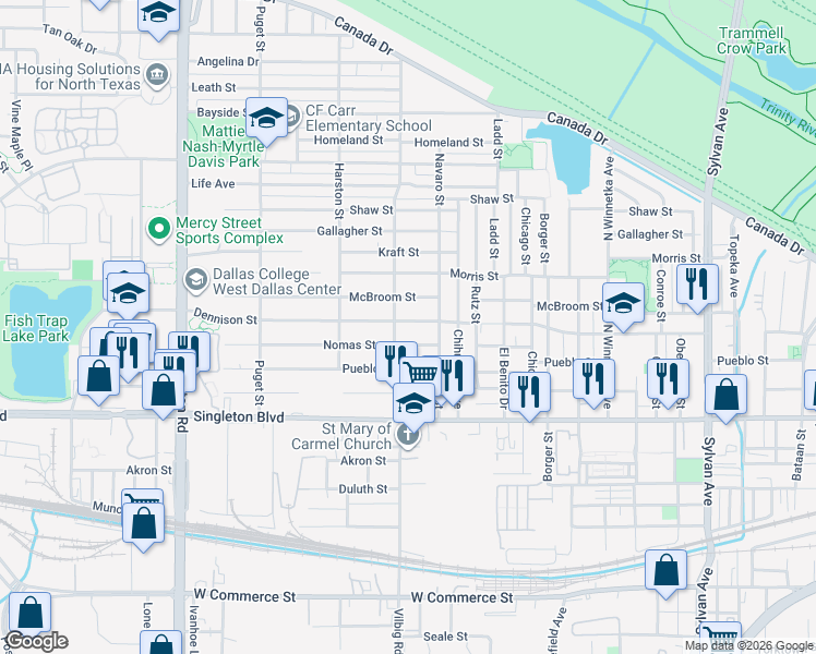 map of restaurants, bars, coffee shops, grocery stores, and more near 1724 Nomas Street in Dallas