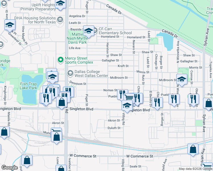 map of restaurants, bars, coffee shops, grocery stores, and more near 1902 Nomas Street in Dallas