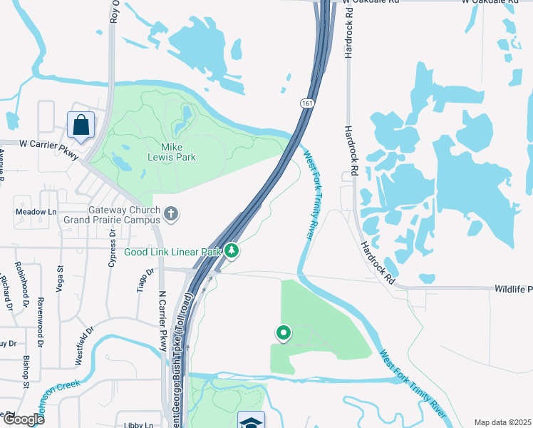 map of restaurants, bars, coffee shops, grocery stores, and more near Good Link Trail in Grand Prairie