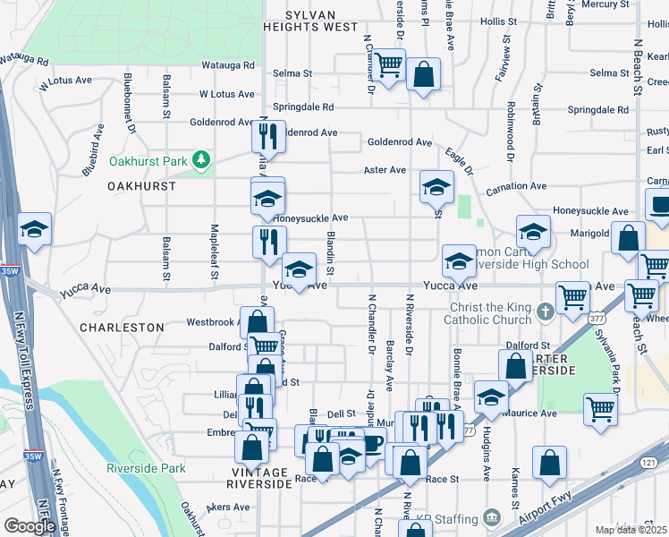 map of restaurants, bars, coffee shops, grocery stores, and more near 2801 Yucca Avenue in Fort Worth
