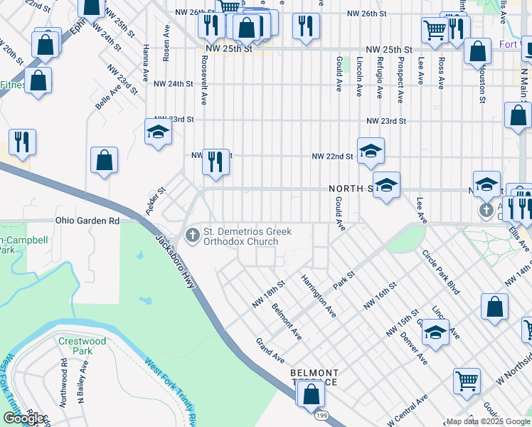 map of restaurants, bars, coffee shops, grocery stores, and more near 1964 Columbus Avenue in Fort Worth