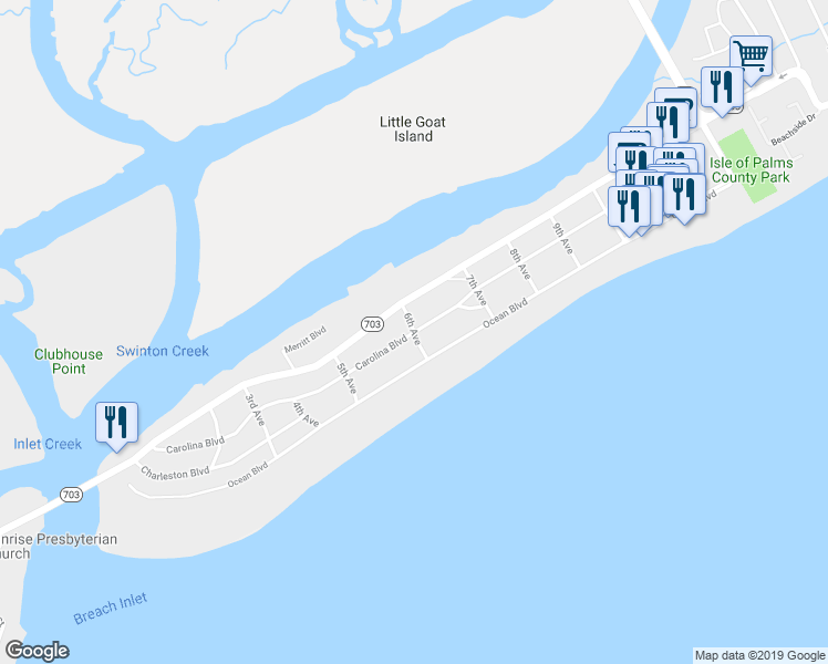 map of restaurants, bars, coffee shops, grocery stores, and more near 603 Carolina Boulevard in Isle of Palms