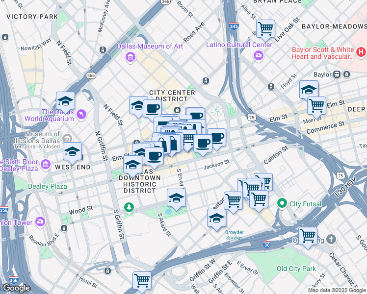 map of restaurants, bars, coffee shops, grocery stores, and more near 1717 Main Street in Dallas
