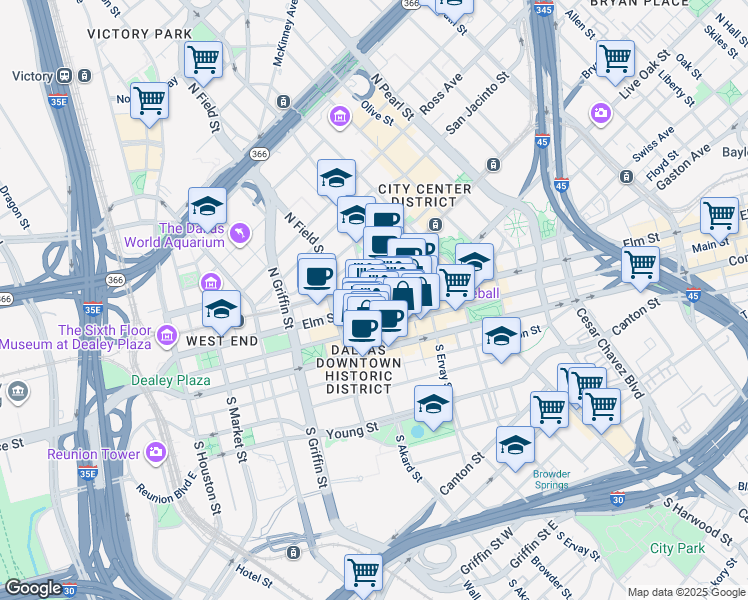 map of restaurants, bars, coffee shops, grocery stores, and more near in Dallas