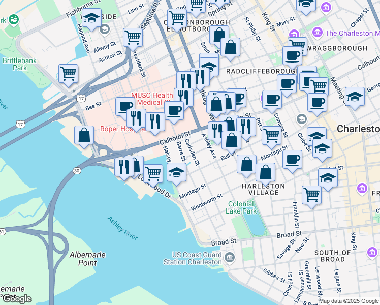 map of restaurants, bars, coffee shops, grocery stores, and more near 65 Gadsden Street in Charleston