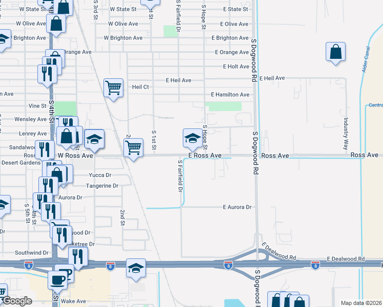 map of restaurants, bars, coffee shops, grocery stores, and more near 52-74 Ross Avenue in El Centro