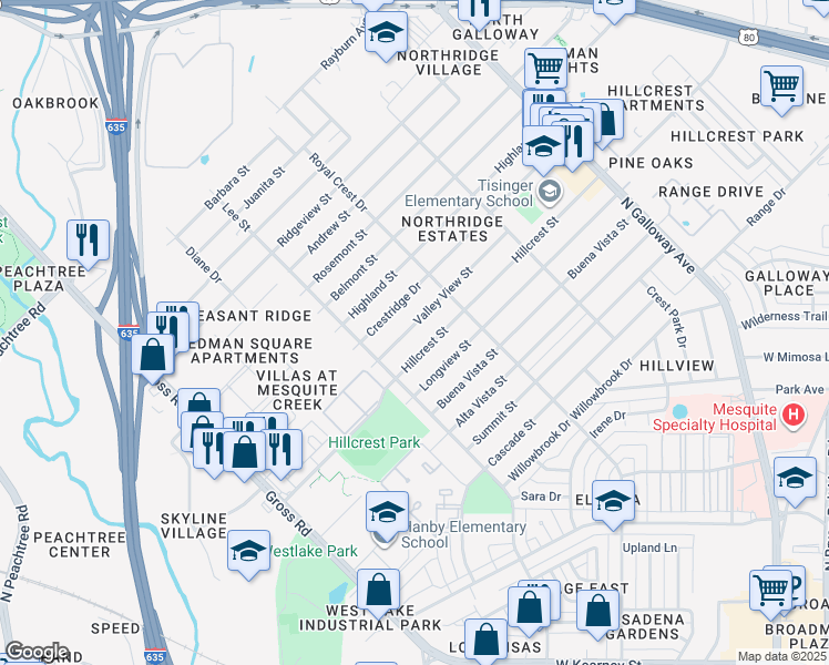 map of restaurants, bars, coffee shops, grocery stores, and more near 1334 Valley View Street in Mesquite