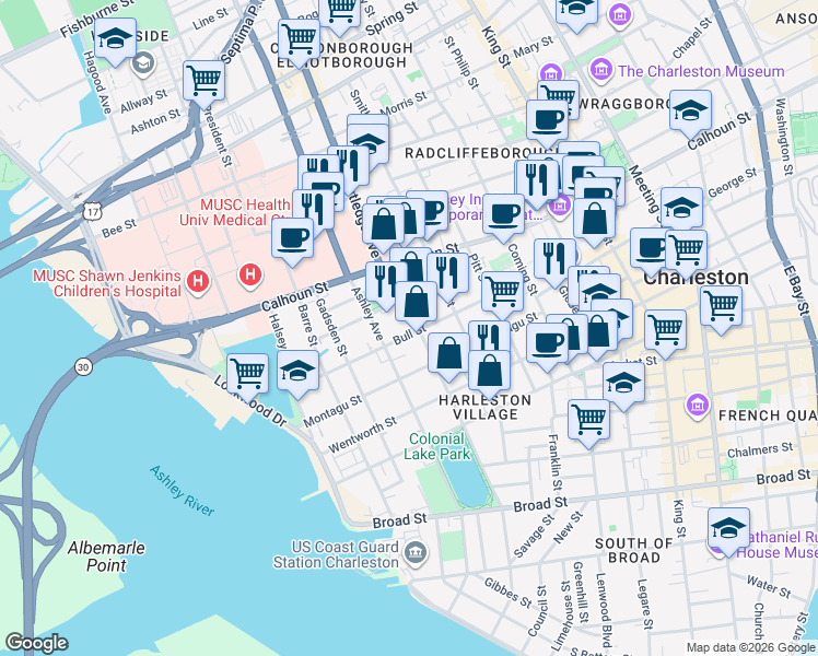 map of restaurants, bars, coffee shops, grocery stores, and more near 92 Bull Street in Charleston