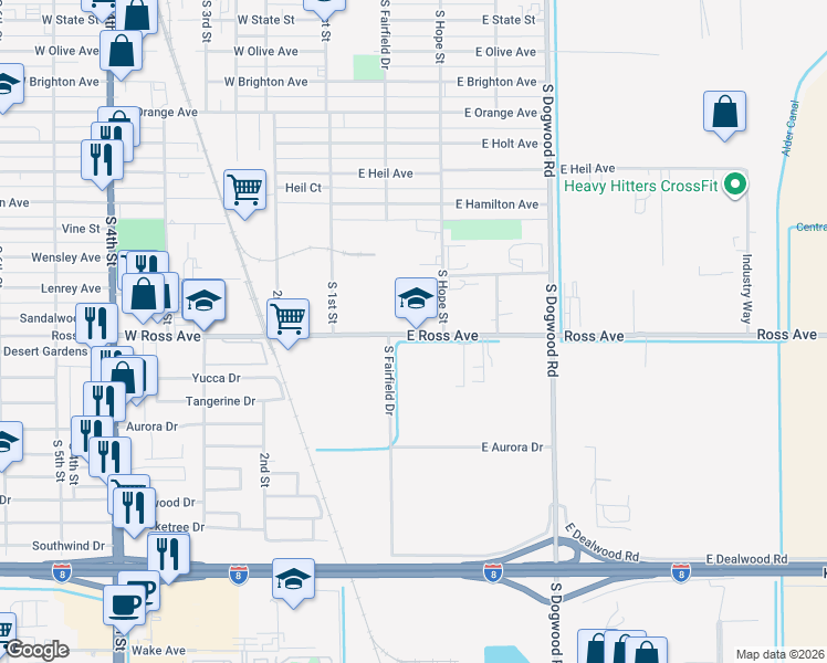 map of restaurants, bars, coffee shops, grocery stores, and more near 52-74 Ross Avenue in El Centro