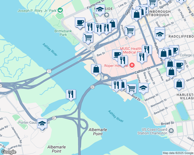 map of restaurants, bars, coffee shops, grocery stores, and more near 17 Lockwood Drive in Charleston