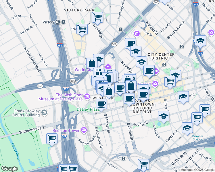 map of restaurants, bars, coffee shops, grocery stores, and more near 900 Pacific Avenue in Dallas
