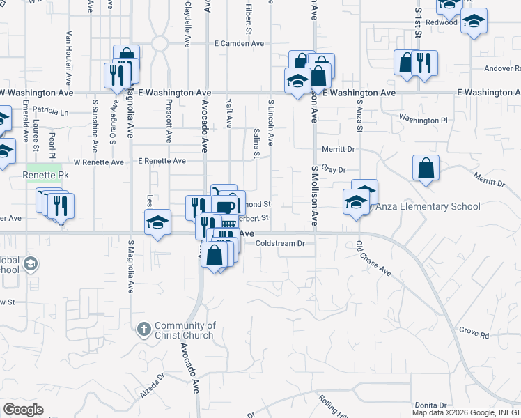 map of restaurants, bars, coffee shops, grocery stores, and more near 665 Raymond Street in El Cajon