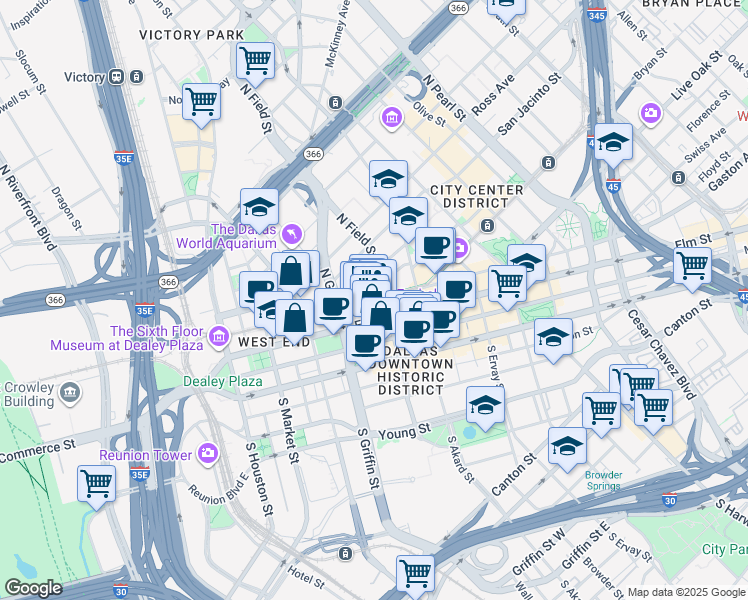 map of restaurants, bars, coffee shops, grocery stores, and more near in Dallas