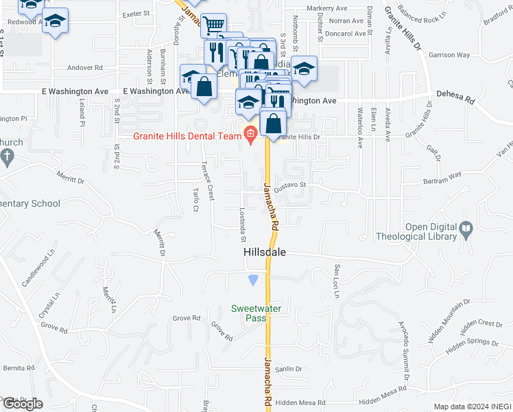 map of restaurants, bars, coffee shops, grocery stores, and more near 1493 Gustavo Street in El Cajon