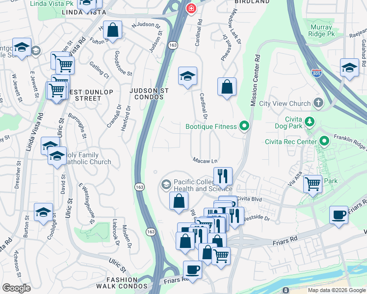 map of restaurants, bars, coffee shops, grocery stores, and more near 2029 Seagull Lane in San Diego