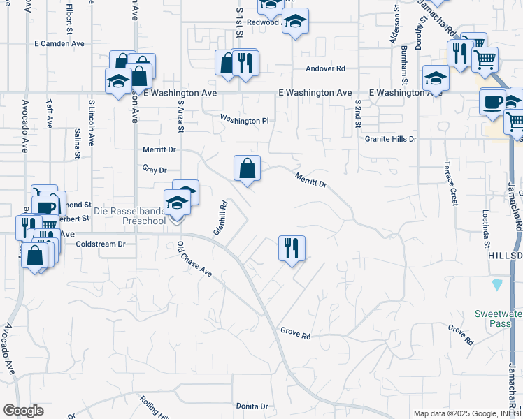 map of restaurants, bars, coffee shops, grocery stores, and more near 1153 Merritt Drive in El Cajon