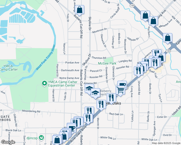 map of restaurants, bars, coffee shops, grocery stores, and more near 5121 Penrod Court in River Oaks