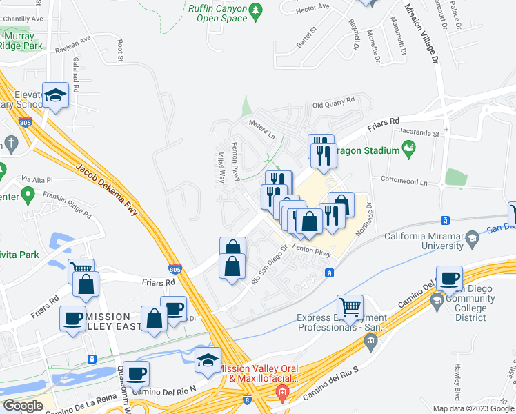 map of restaurants, bars, coffee shops, grocery stores, and more near 2676 Escala Circle in San Diego