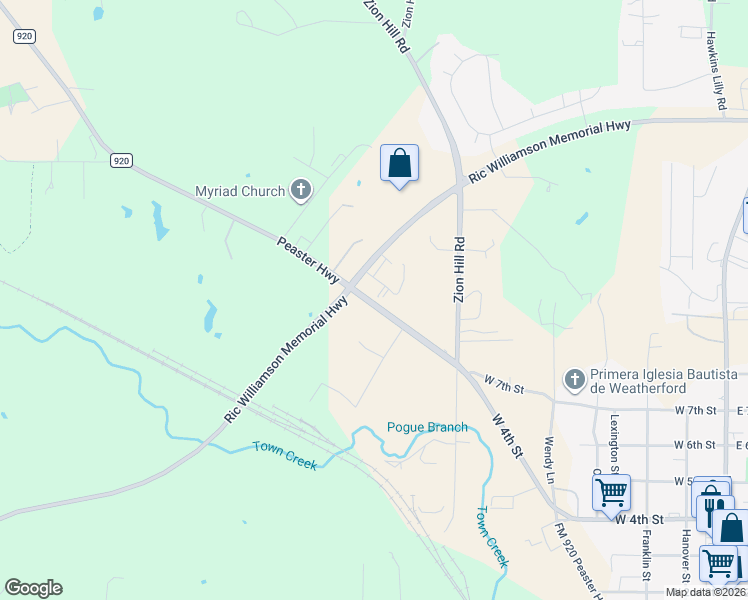 map of restaurants, bars, coffee shops, grocery stores, and more near 800 Peaster Highway in Weatherford
