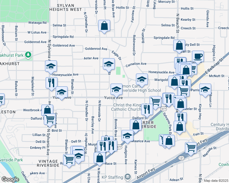 map of restaurants, bars, coffee shops, grocery stores, and more near 3301 Yucca Avenue in Fort Worth