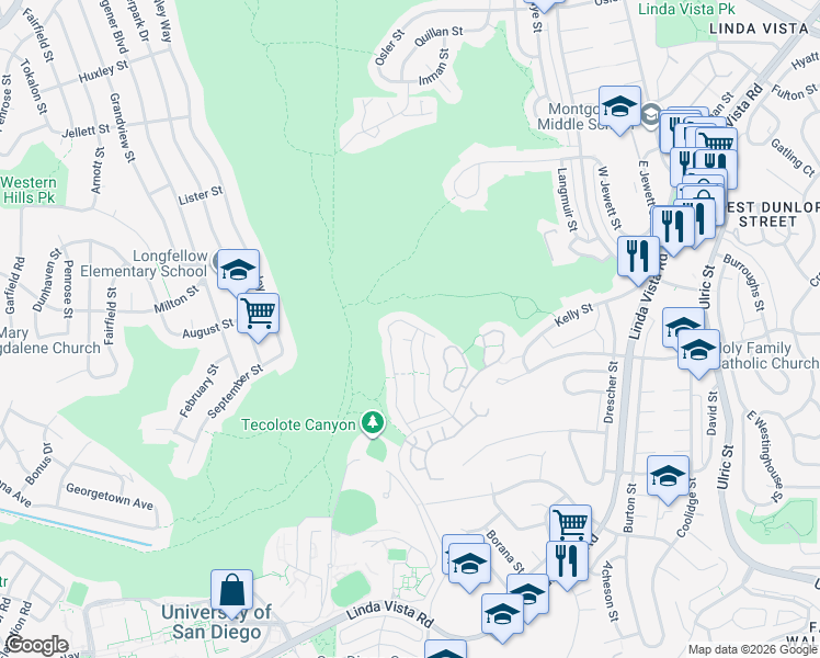 map of restaurants, bars, coffee shops, grocery stores, and more near 6014 Caminito Del Oeste in San Diego