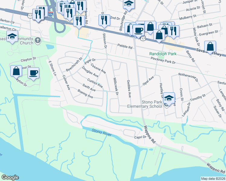 map of restaurants, bars, coffee shops, grocery stores, and more near 255 Marsh Oaks Drive in Charleston