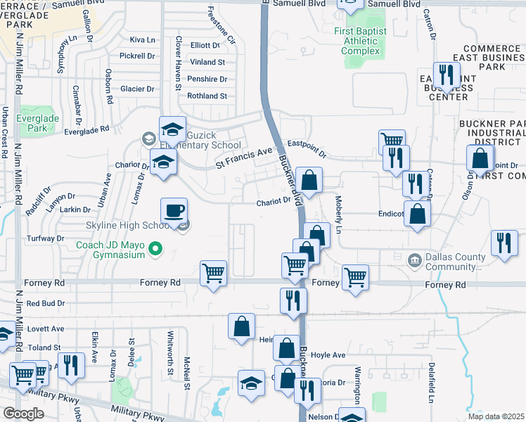 map of restaurants, bars, coffee shops, grocery stores, and more near 8039 Chariot Drive in Dallas