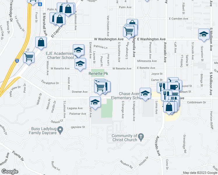 map of restaurants, bars, coffee shops, grocery stores, and more near 1069 Estes Street in El Cajon