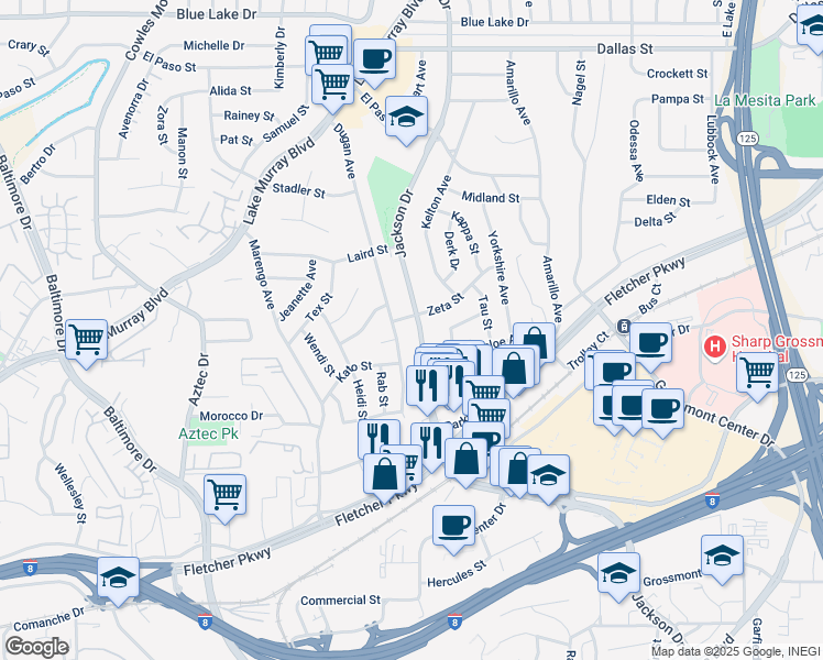 map of restaurants, bars, coffee shops, grocery stores, and more near 5660 Jackson Drive in La Mesa