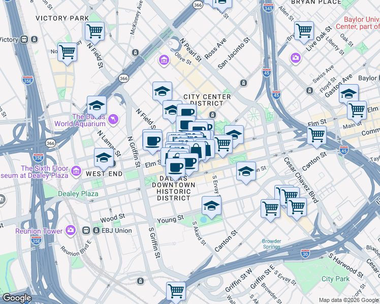 map of restaurants, bars, coffee shops, grocery stores, and more near 1555 Elm Street in Dallas