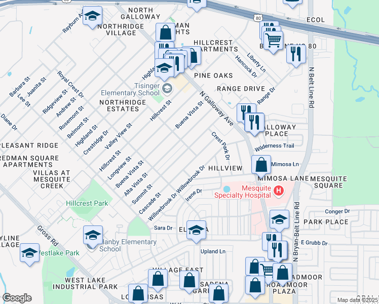 map of restaurants, bars, coffee shops, grocery stores, and more near 1628 Summit Street in Mesquite