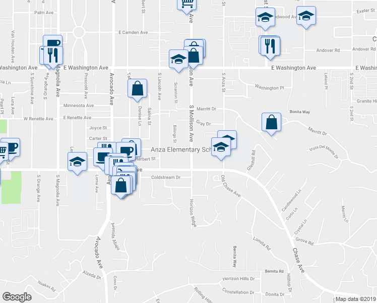 map of restaurants, bars, coffee shops, grocery stores, and more near 855 Portland Street in El Cajon