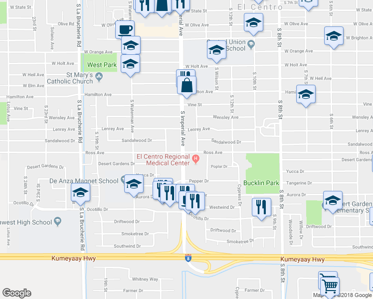 map of restaurants, bars, coffee shops, grocery stores, and more near 1251 South Imperial Avenue in El Centro