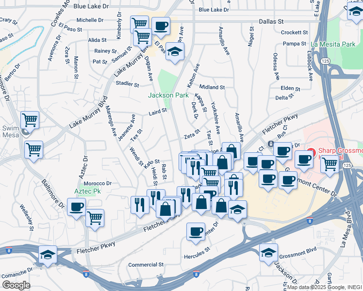 map of restaurants, bars, coffee shops, grocery stores, and more near 5635 Dugan Avenue in La Mesa