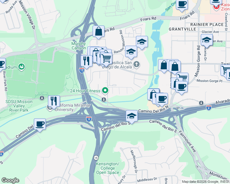 map of restaurants, bars, coffee shops, grocery stores, and more near 5907 Caminito Deporte in San Diego