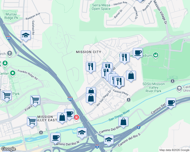 map of restaurants, bars, coffee shops, grocery stores, and more near in San Diego