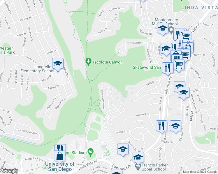 map of restaurants, bars, coffee shops, grocery stores, and more near 6342 Caminito Del Pastel in San Diego