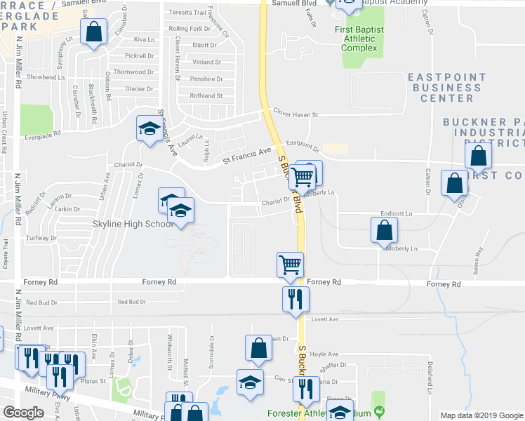 map of restaurants, bars, coffee shops, grocery stores, and more near 3909 South Buckner Boulevard in Dallas