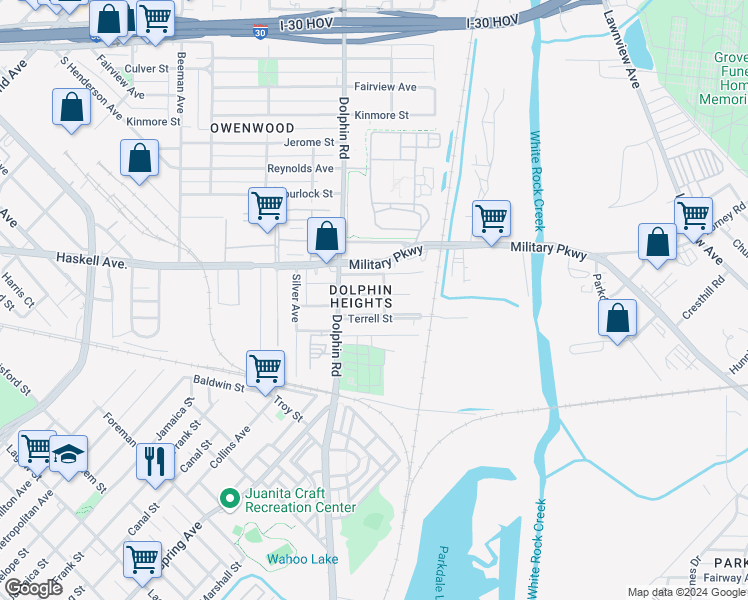 map of restaurants, bars, coffee shops, grocery stores, and more near 3435 Terrell Street in Dallas