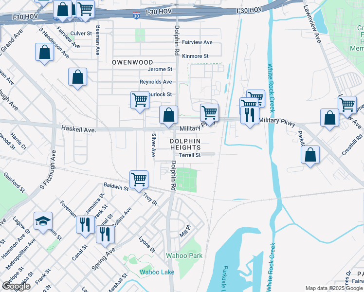 map of restaurants, bars, coffee shops, grocery stores, and more near 3435 Terrell Street in Dallas