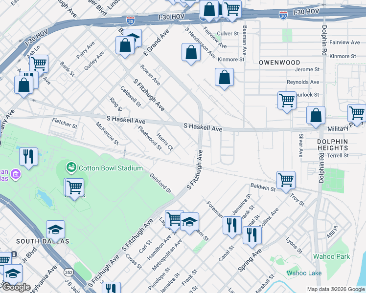 map of restaurants, bars, coffee shops, grocery stores, and more near 1612 Harris Court in Dallas
