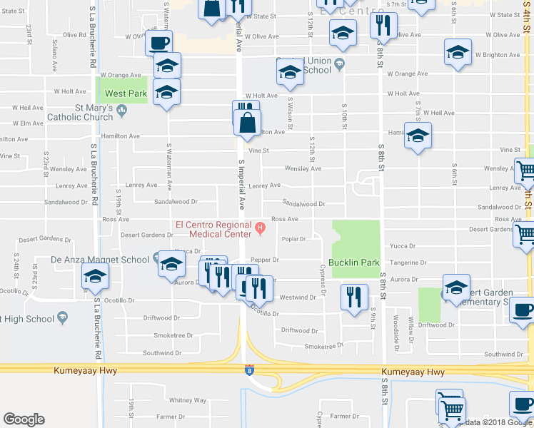 map of restaurants, bars, coffee shops, grocery stores, and more near 1296 Ross Avenue in El Centro